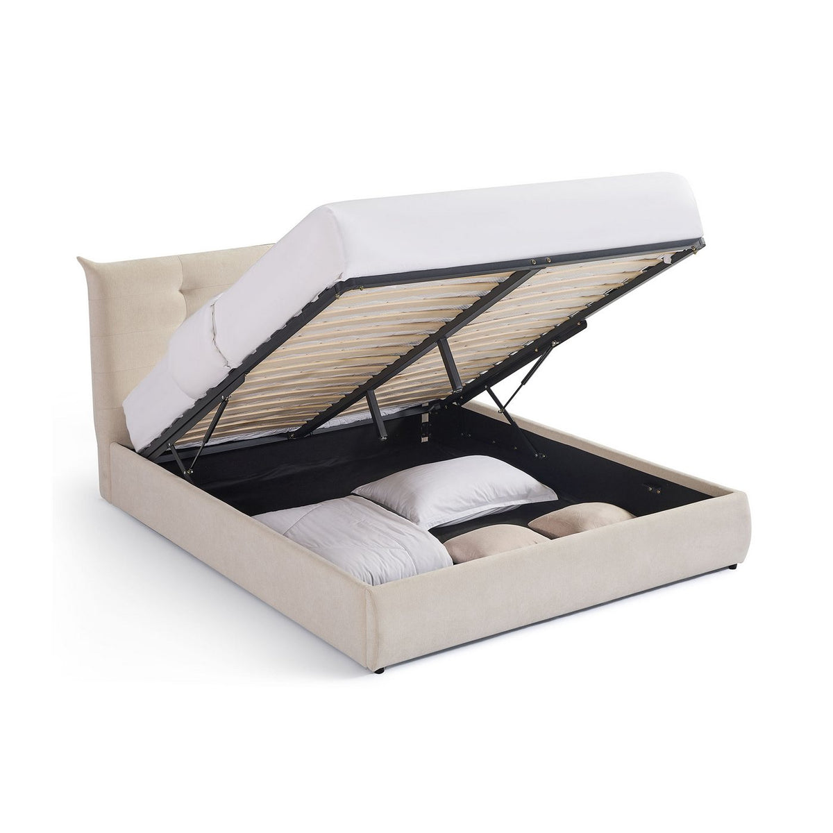 Esmar - Lit Coffre Avec Tête De Lit Capitonnée - Tissu Texturé - Beige