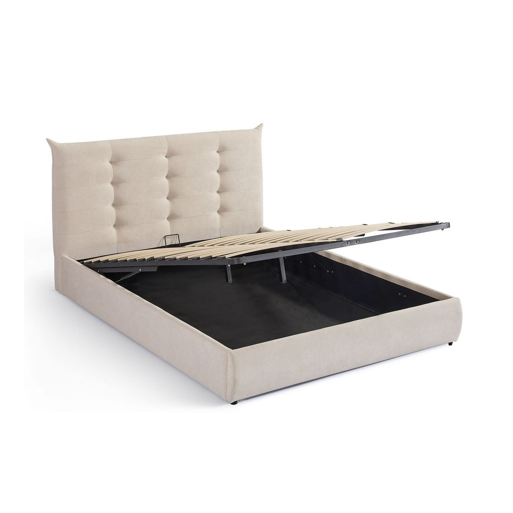 Esmar - Lit Coffre Avec Tête De Lit Capitonnée - Tissu Texturé - Beige