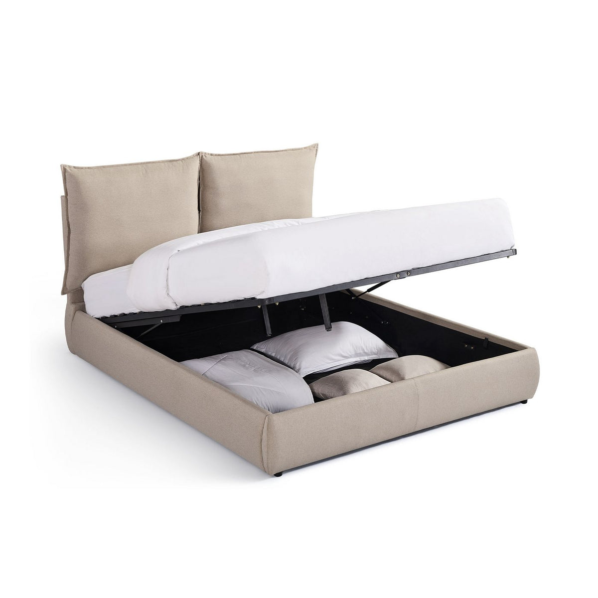 Judith - Lit Coffre Avec Tête De Lit Effet Oreiller - Tissu - Beige
