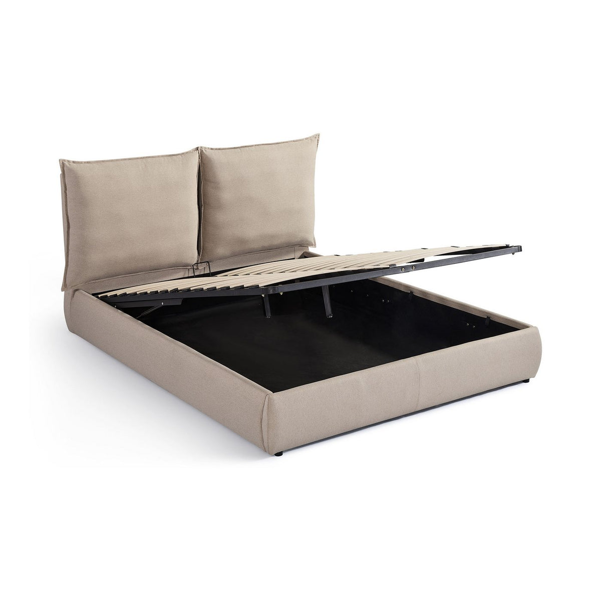 Judith - Lit Coffre Avec Tête De Lit Effet Oreiller - Tissu - Beige