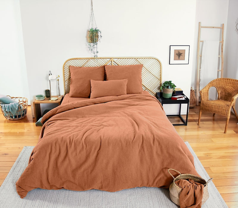 Parure Housse De Couette 3Pcs Gaze De Coton Et Coton 57 Fils Caramel - Marron Caramel