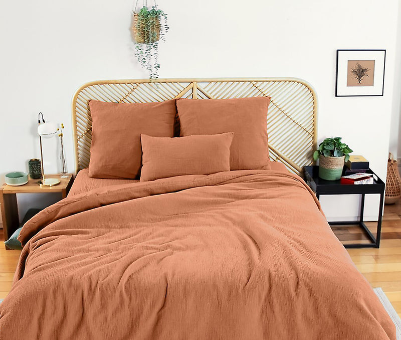 Parure Housse De Couette 3Pcs Gaze De Coton Et Coton 57 Fils Caramel - Marron Caramel