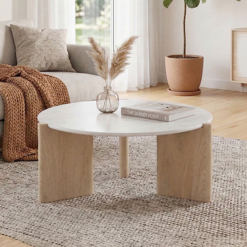 Table Basse Ronde - Manguier Et Marbre - Blanc
