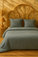 Parure de Lit Complète - 3 pièces - Gaze De Microfibre - Ecru Naturel - 240 x 220 cm - Bleu Petrole