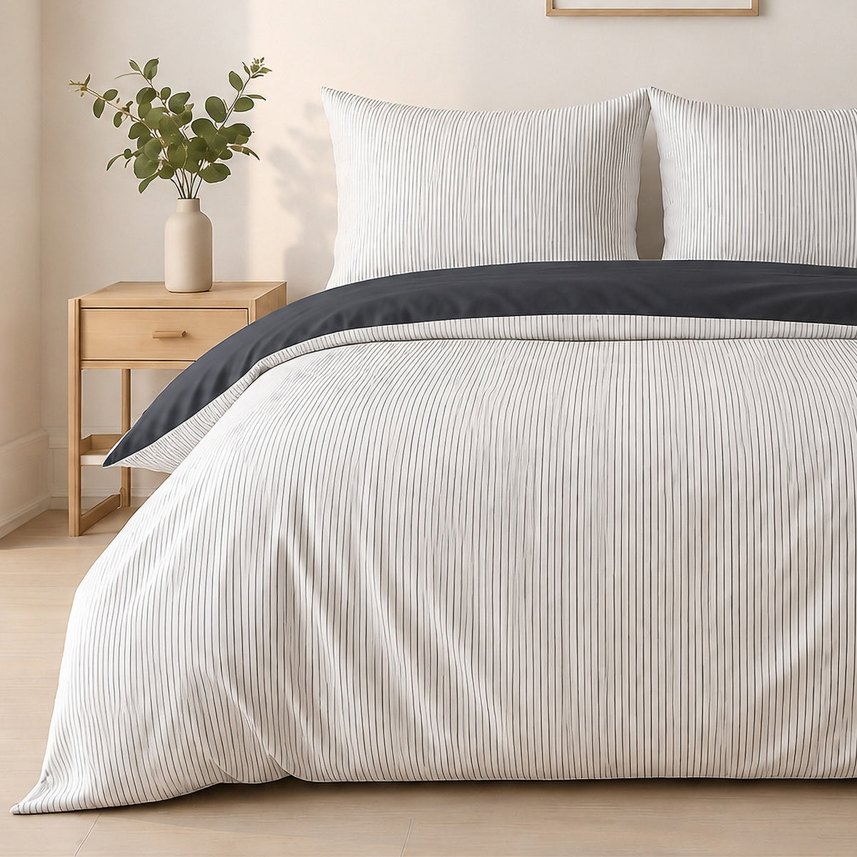 Milleray - Parures de Lit + 2 Taies - Mini-seersucker Rayé Noir - Polyester - Carbone