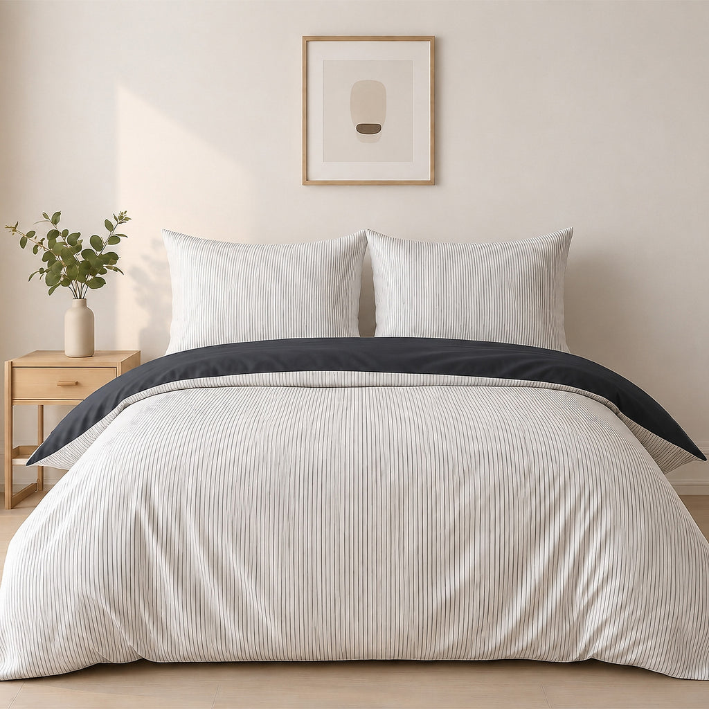 Milleray - Parures de Lit + 2 Taies - Mini-seersucker Rayé Noir - Polyester - Carbone