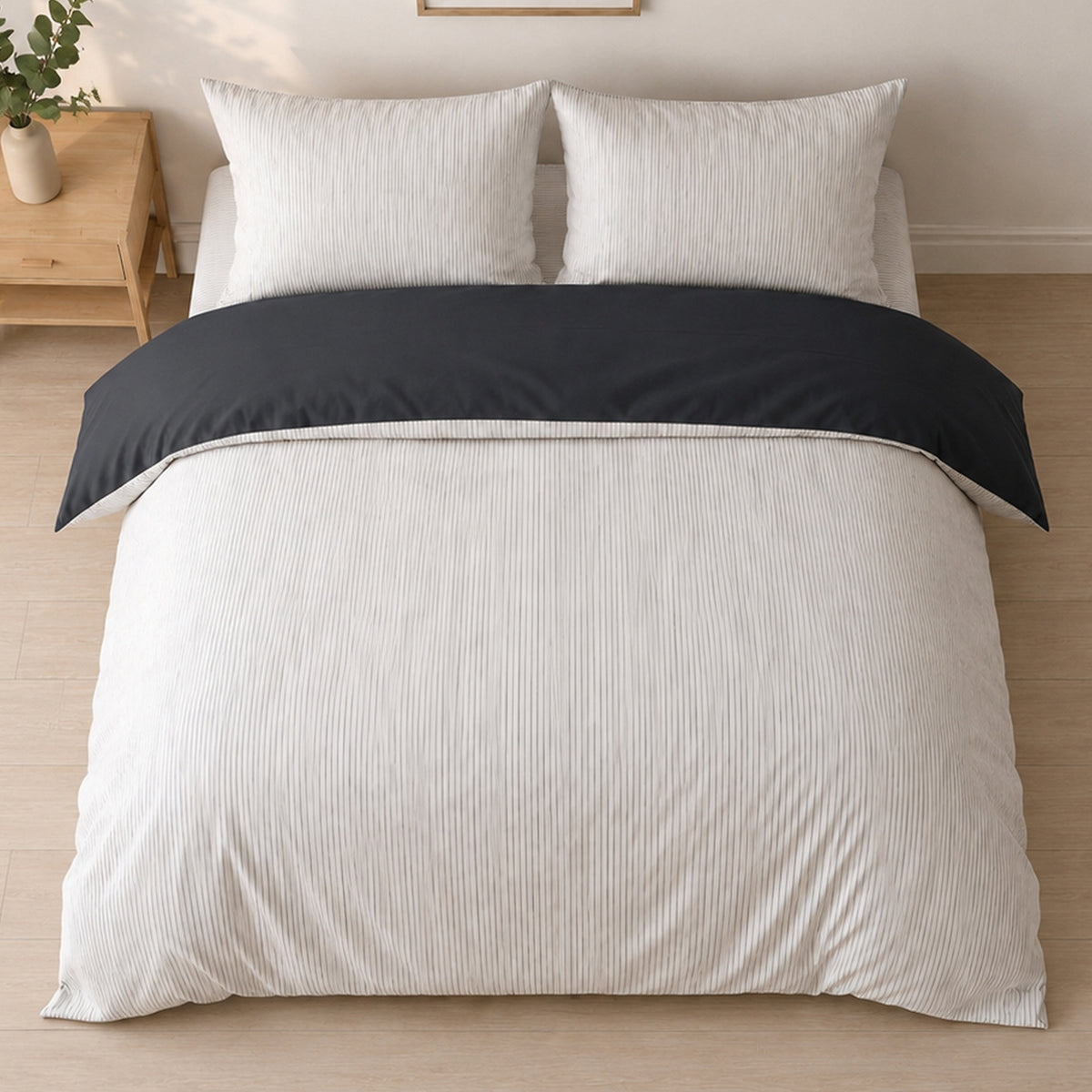 Milleray - Parures de Lit + 2 Taies - Mini-seersucker Rayé Noir - Polyester - Carbone