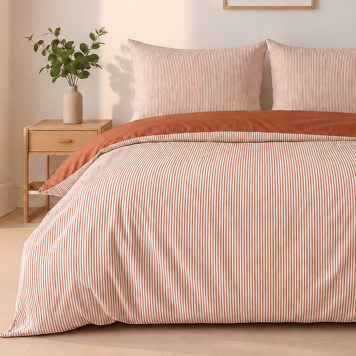Milleray - Parures de Lit + 2 Taies - Mini-seersucker Rayé Terracotta - Polyester - Terre Cuite