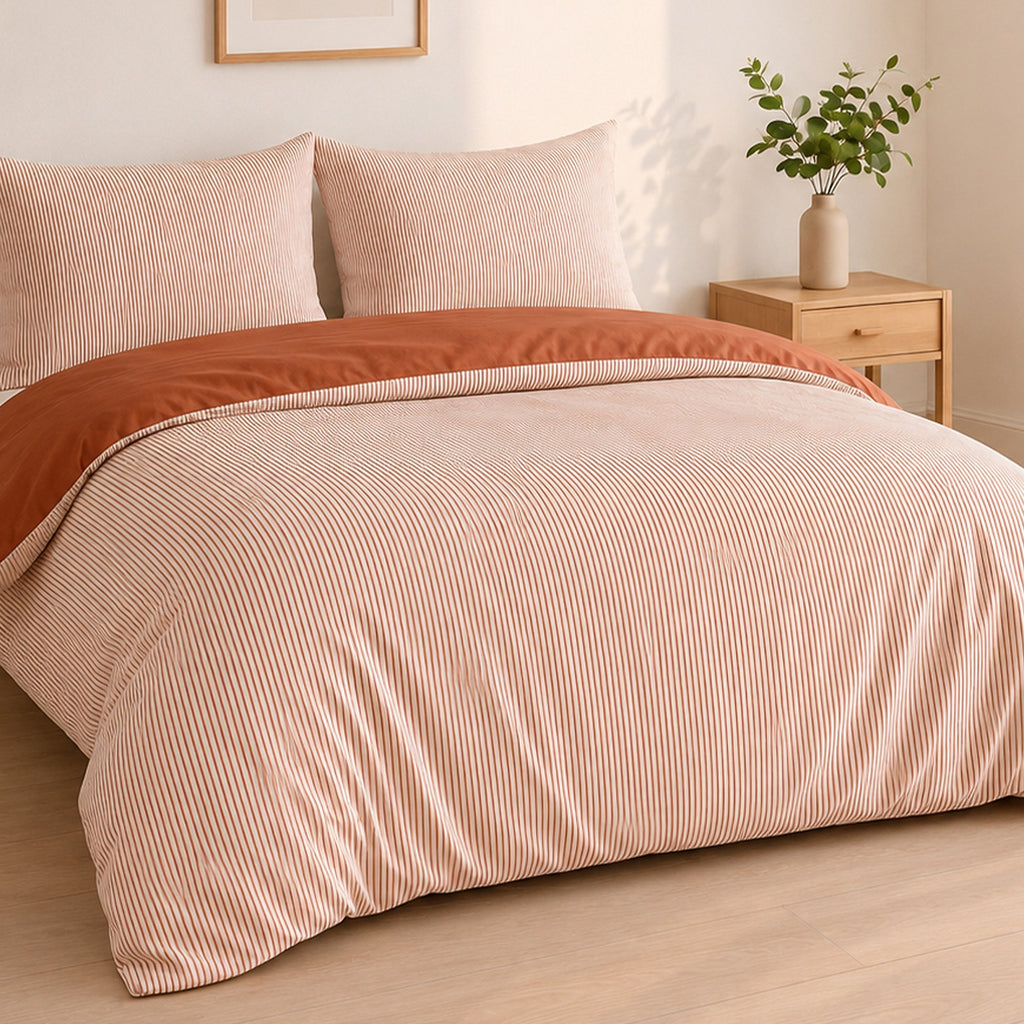 Milleray - Parures de Lit + 2 Taies - Mini-seersucker Rayé Terracotta - Polyester - Terre Cuite