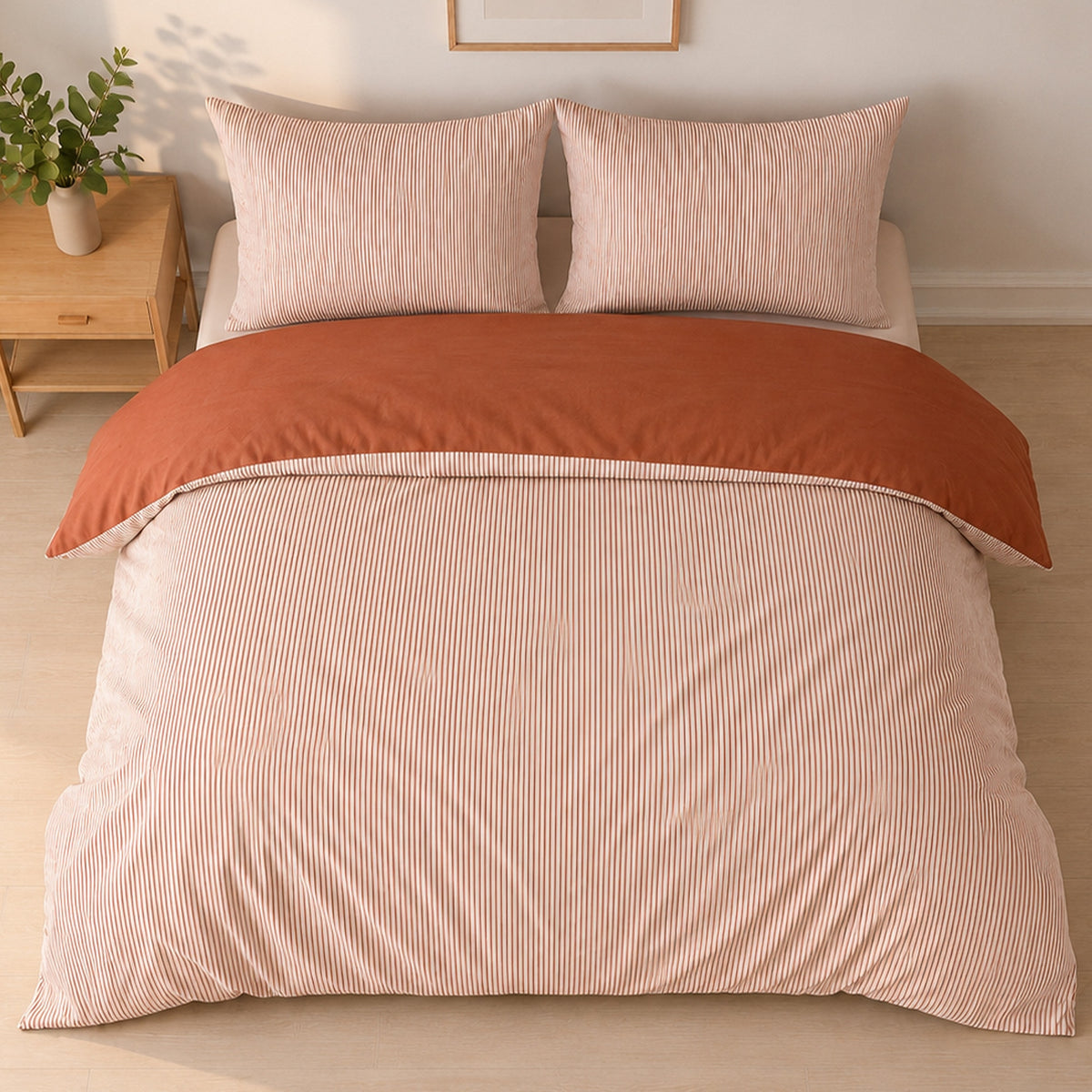 Milleray - Parures de Lit + 2 Taies - Mini-seersucker Rayé Terracotta - Polyester - Terre Cuite