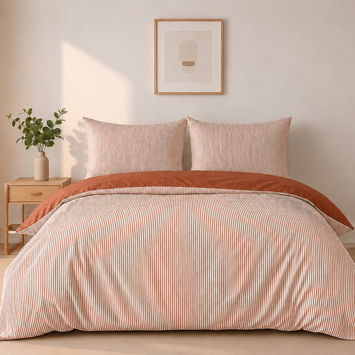 Milleray - Parures de Lit + 2 Taies - Mini-seersucker Rayé Terracotta - Polyester - Terre Cuite