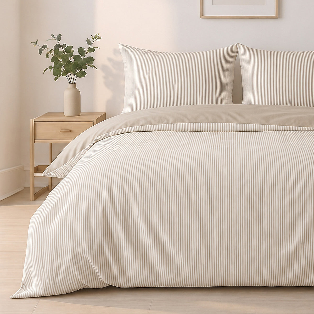 Milleray - Parures de Lit + 2 Taies - Mini-seersucker Rayé Beige - Polyester - Lin