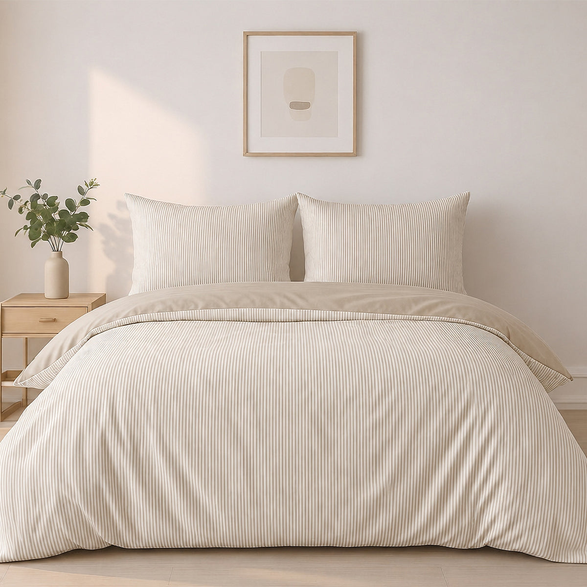Milleray - Parures de Lit + 2 Taies - Mini-seersucker Rayé Beige - Polyester - Lin