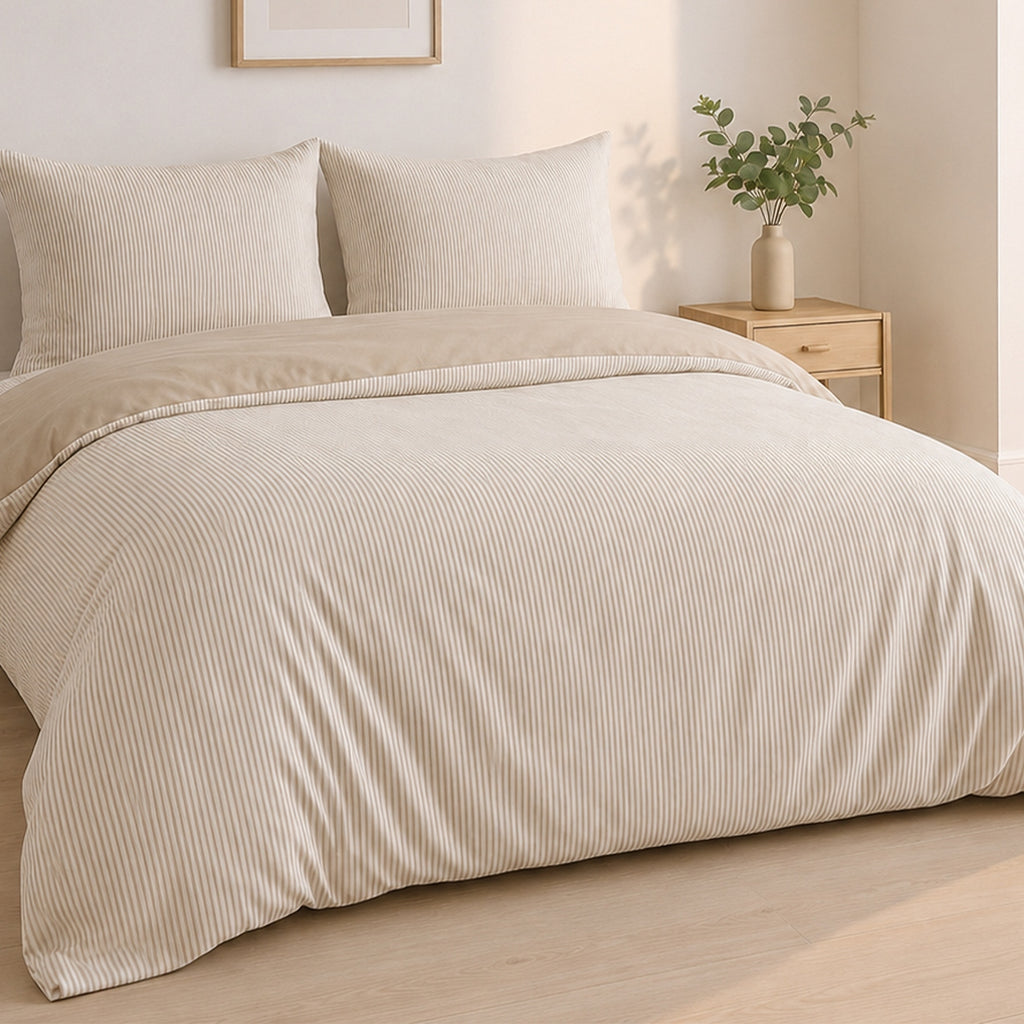 Milleray - Parures de Lit + 2 Taies - Mini-seersucker Rayé Beige - Polyester - Lin