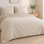 Milleray - Parures de Lit + 2 Taies - Mini-seersucker Rayé Beige - Polyester - Lin