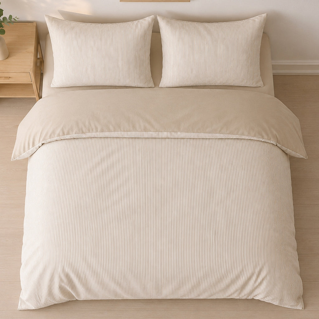 Milleray - Parures de Lit + 2 Taies - Mini-seersucker Rayé Beige - Polyester - Lin