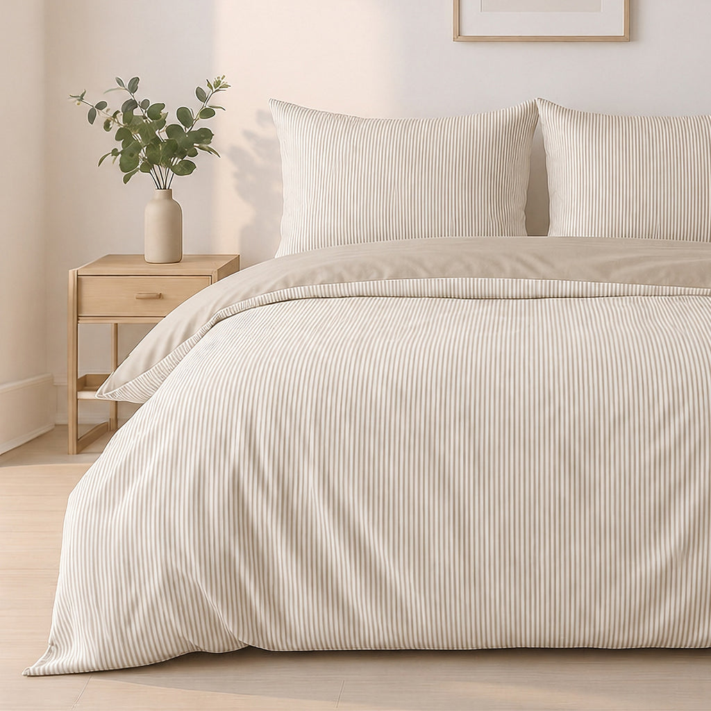 Milleray - Parures de Lit + 2 Taies - Mini-seersucker Rayé Beige - Polyester - Lin