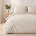 Milleray - Parures de Lit + 2 Taies - Mini-seersucker Rayé Beige - Polyester - Lin