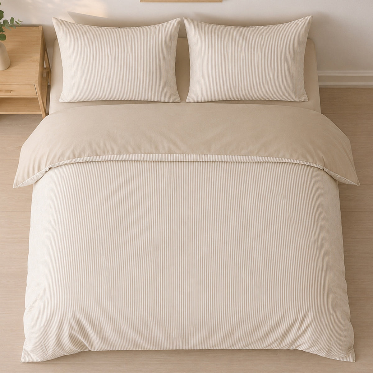 Milleray - Parures de Lit + 2 Taies - Mini-seersucker Rayé Beige - Polyester - Lin