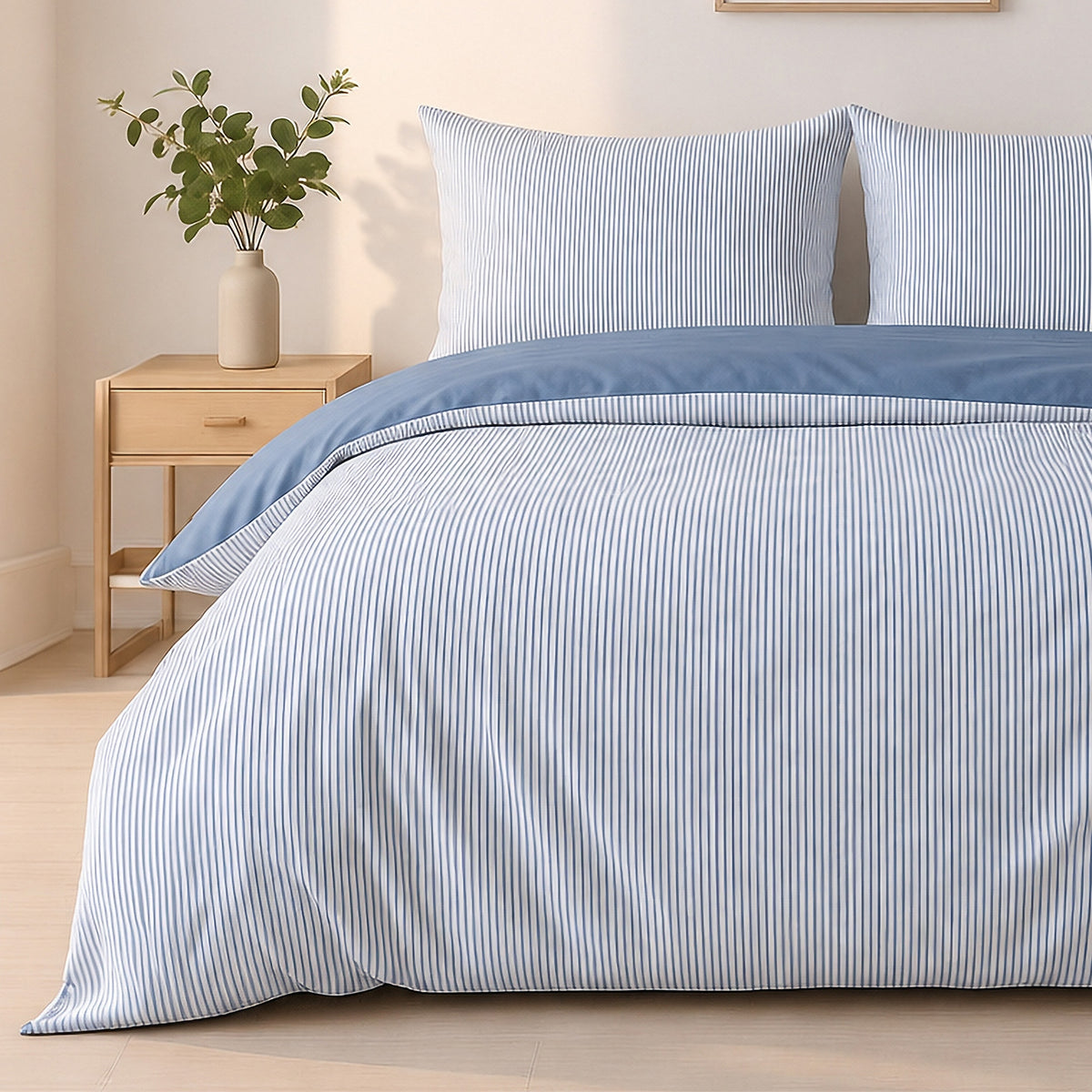Milleray - Completi Letto + 2 Federe – Mini-seersucker a Righe - Poliestere - Blu Denim