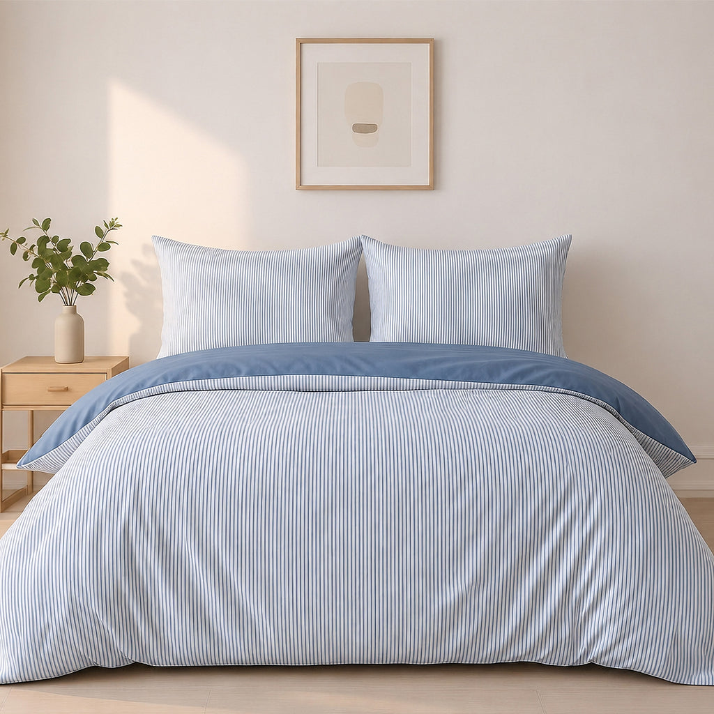 Milleray - Completi Letto + 2 Federe – Mini-seersucker a Righe - Poliestere - Blu Denim