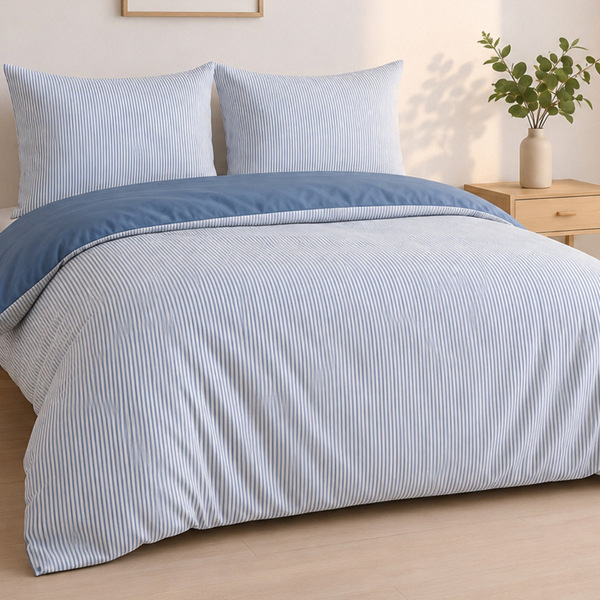 Milleray - Completi Letto + 2 Federe – Mini-seersucker a Righe - Poliestere - Blu Denim
