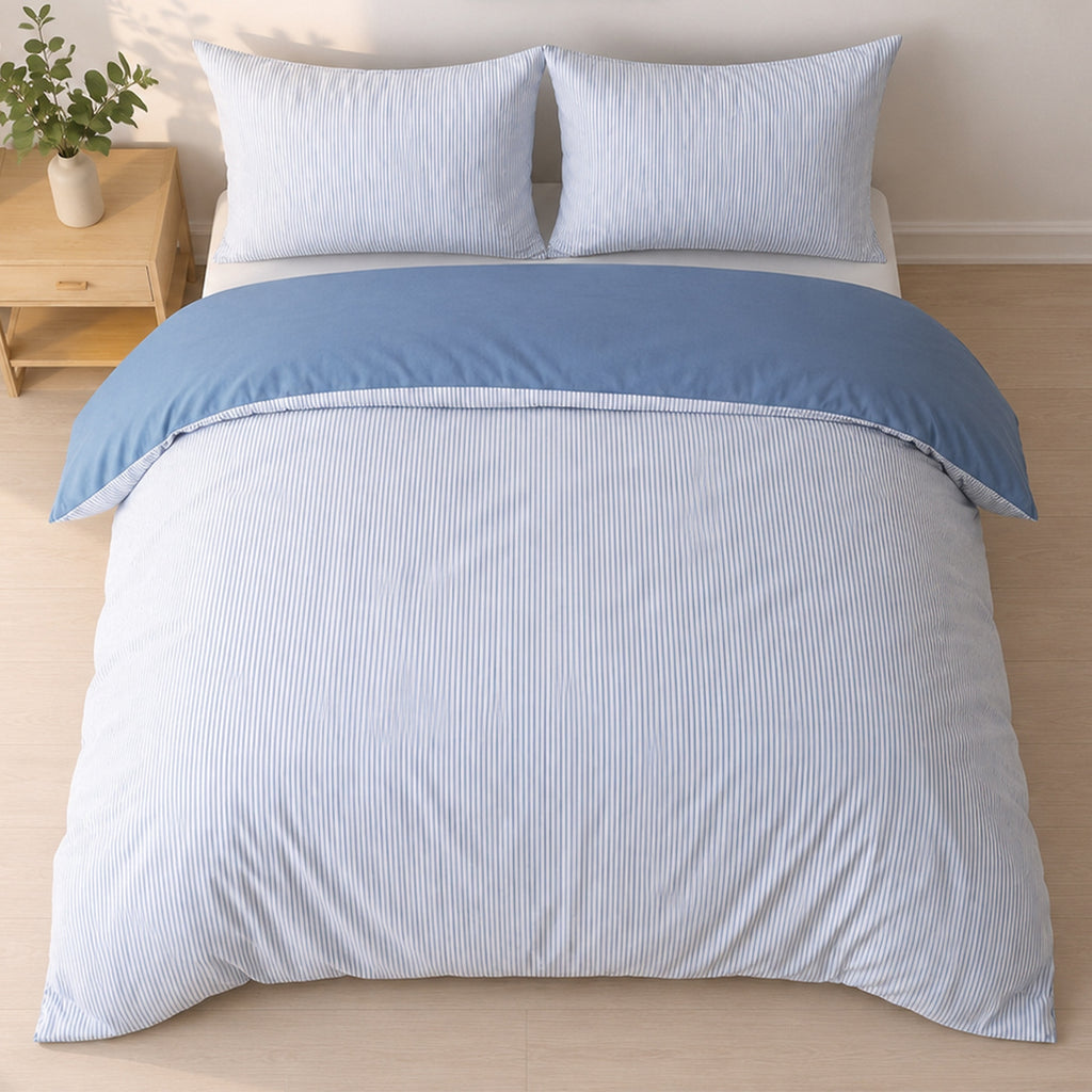 Milleray - Completi Letto + 2 Federe – Mini-seersucker a Righe - Poliestere - Blu Denim