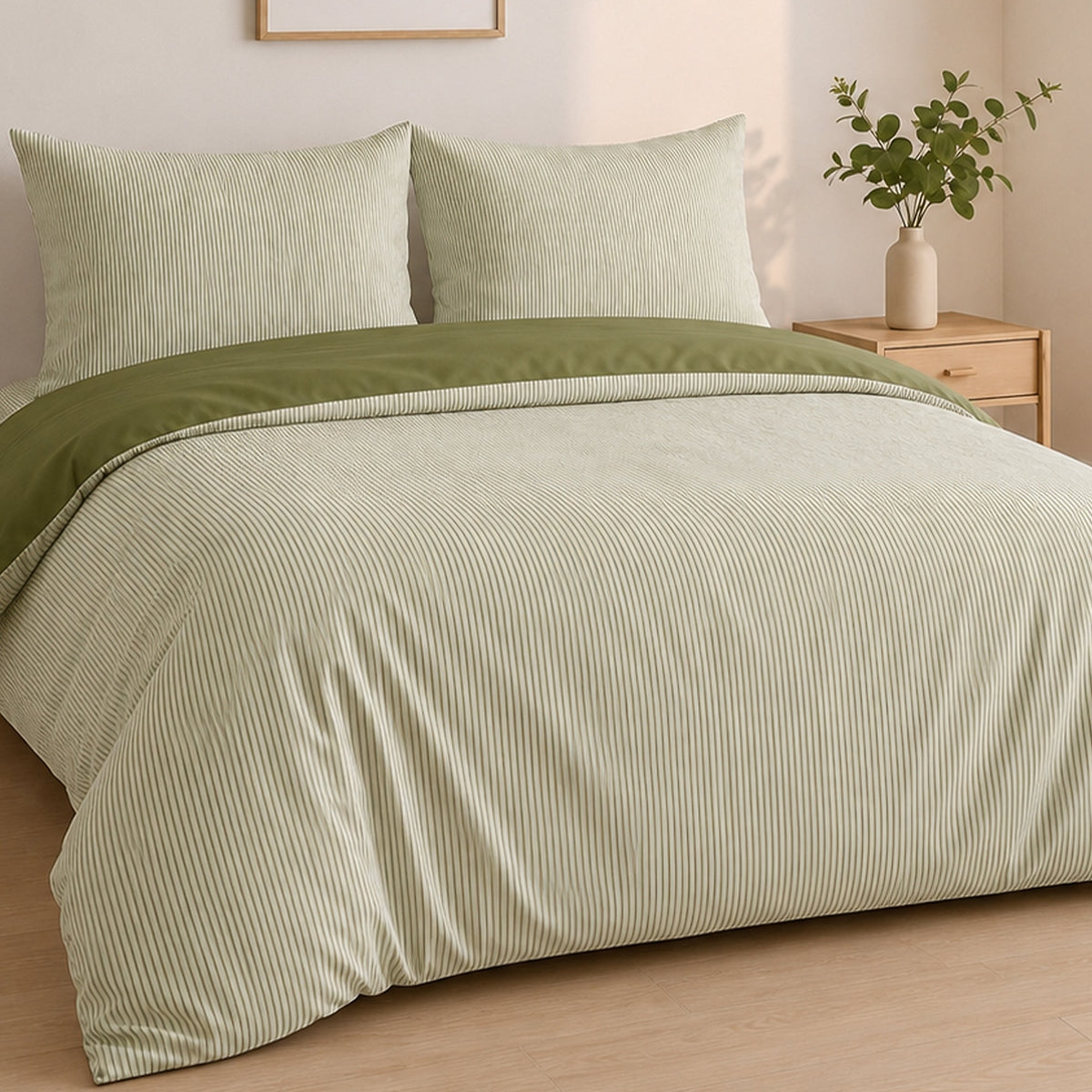 Milleray - Parures de Lit + 2 Taies - Mini-seersucker Rayé - Polyester - Vert Olive