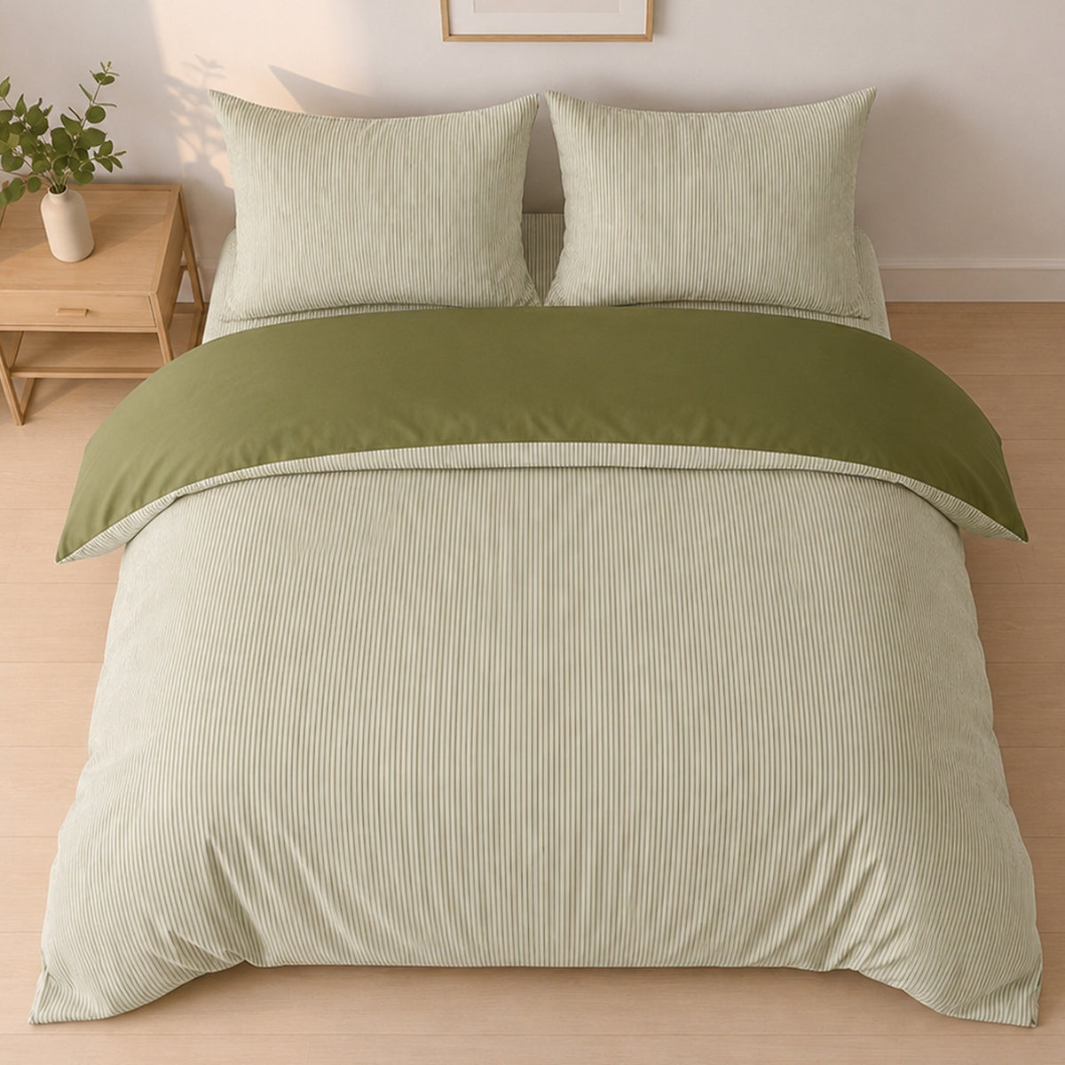 Milleray - Parures de Lit + 2 Taies - Mini-seersucker Rayé - Polyester - Vert Olive