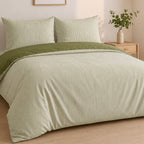 Milleray - Parures de Lit + 2 Taies - Mini-seersucker Rayé - Polyester - Vert Olive