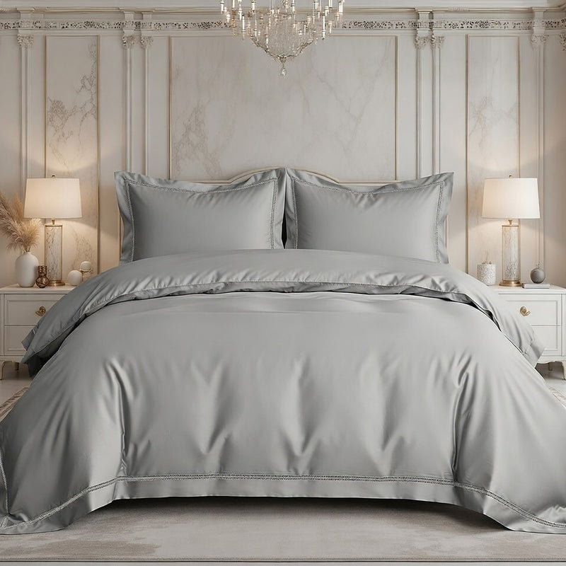 Parure Housse De Couette 3 Pcs En Satin De Coton 120 Fils Brodé Gris Perle