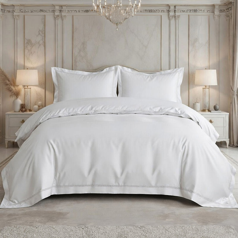 Parure Housse De Couette 3 Pcs En Satin De Coton 120 Fils Brodé Blanc