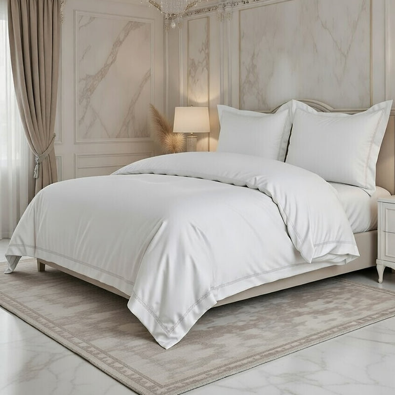 Parure Housse De Couette 3 Pcs En Satin De Coton 120 Fils Brodé Blanc