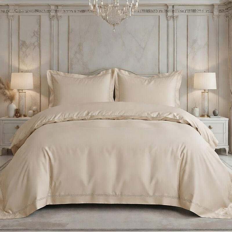 Parure Housse De Couette 3 Pcs En Satin De Coton 120 Fils Brodé Beige