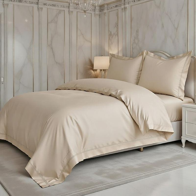Parure Housse De Couette 3 Pcs En Satin De Coton 120 Fils Brodé Beige