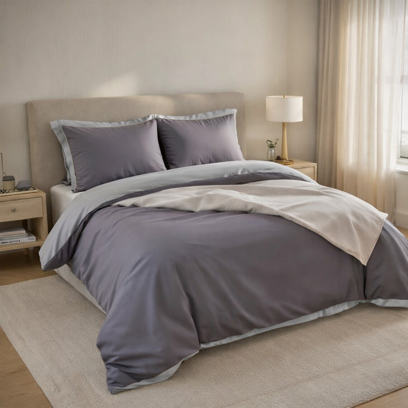 Housse De Couette Réversible En 100% Percale De Coton 70 Fils Grise / Grise Claire