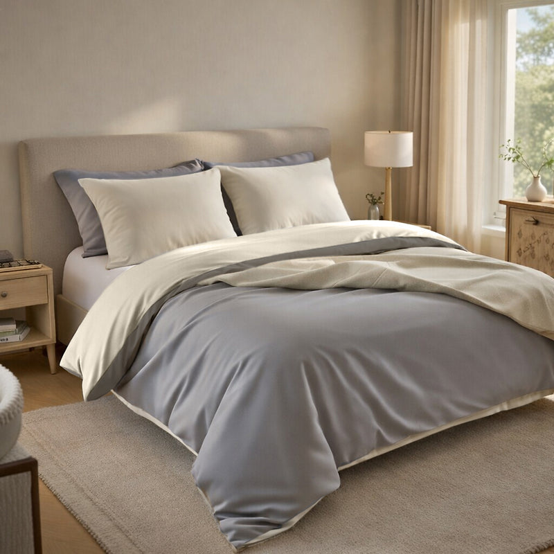 Housse De Couette Reversible En 100% Percale De Coton 70 Fils Naturelle Et Galet - Ecru