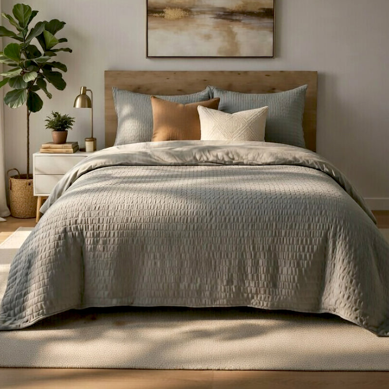 Parure Housse De Couette 3Pcs 100% Seersucker Victoria - Grise