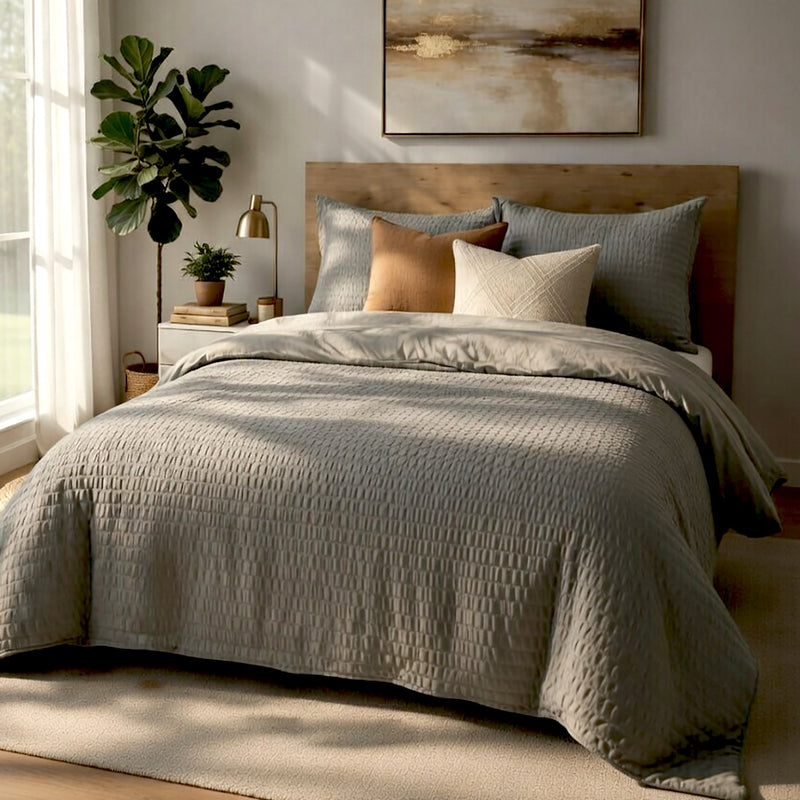 Parure Housse De Couette 3Pcs 100% Seersucker Victoria - Grise