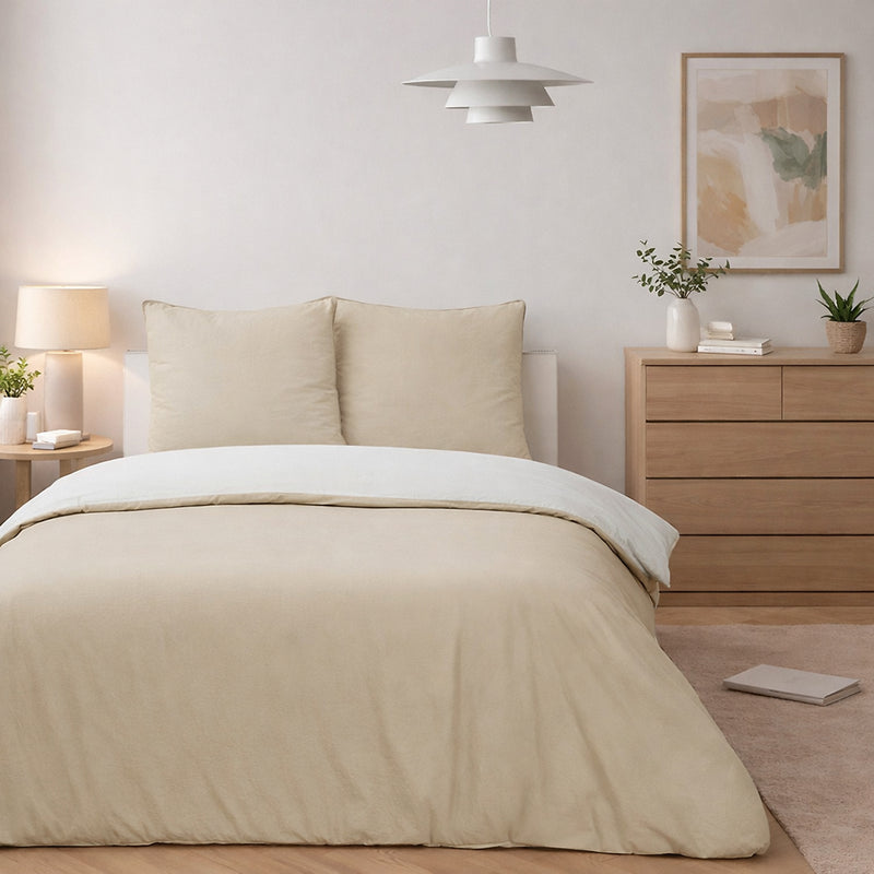 Parure Housse De Couette Bicolore 3Pcs 100% Coton Lavé Vicky - Blanche Et Beige
