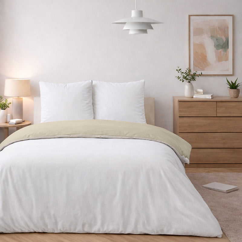 Parure Housse De Couette Bicolore 3Pcs 100% Coton Lavé Vicky - Blanche Et Beige
