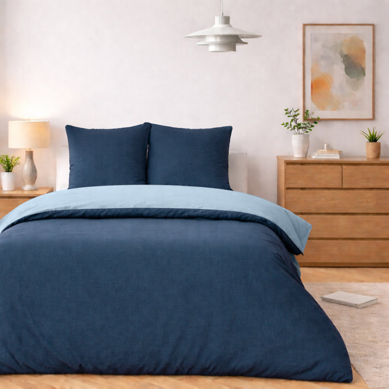 Parure Housse De Couette Bicolore 2Pcs 100% Coton Lavé Vicky - Bleu Et Navy - Bleu Foncé