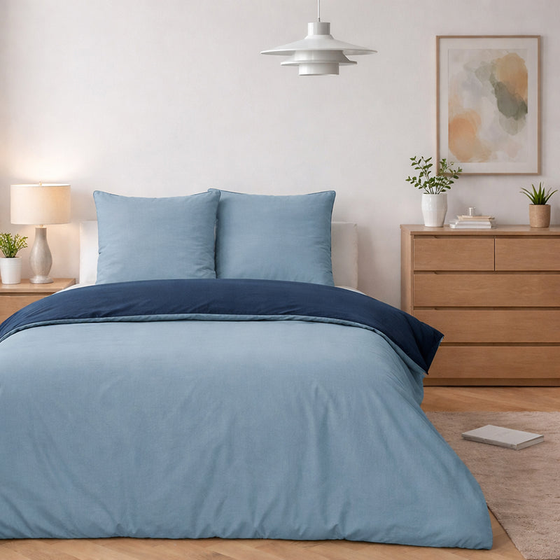 Parure Housse De Couette Bicolore 3Pcs 100% Coton Lavé Vicky - Bleu Et Navy - Bleu Foncé