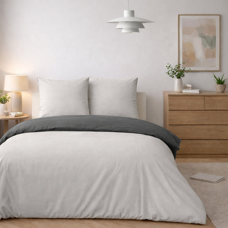 Parure Housse De Couette Bicolore 3Pcs 100% Coton Lavé Vicky - Grise Et Galet