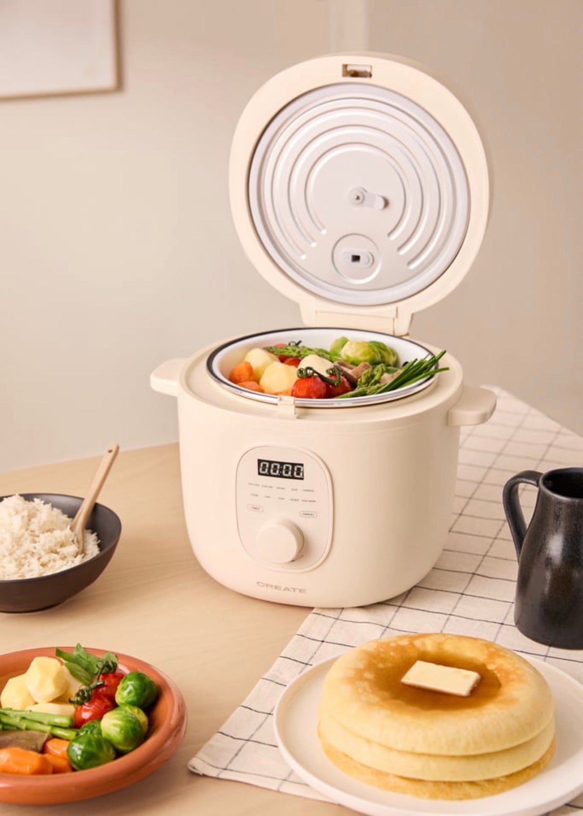 Rice Cooker Studio - Cuiseur À Riz Électrique Multifonction Avec Panier Vapeur - 2L - Blanc Cassé