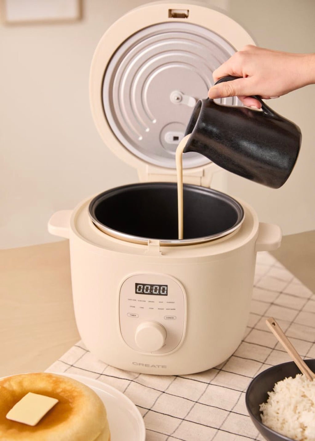 Rice Cooker Studio - Cuiseur À Riz Électrique Multifonction Avec Panier Vapeur - 2L - Blanc Cassé