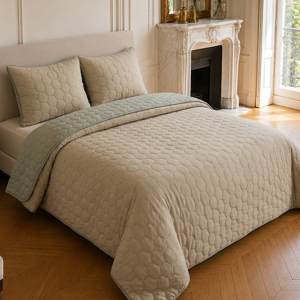 Nazim - Couvre Lit - Dessus de Lit Couvre-lit Matelassé Réversible - Polyester - Beige