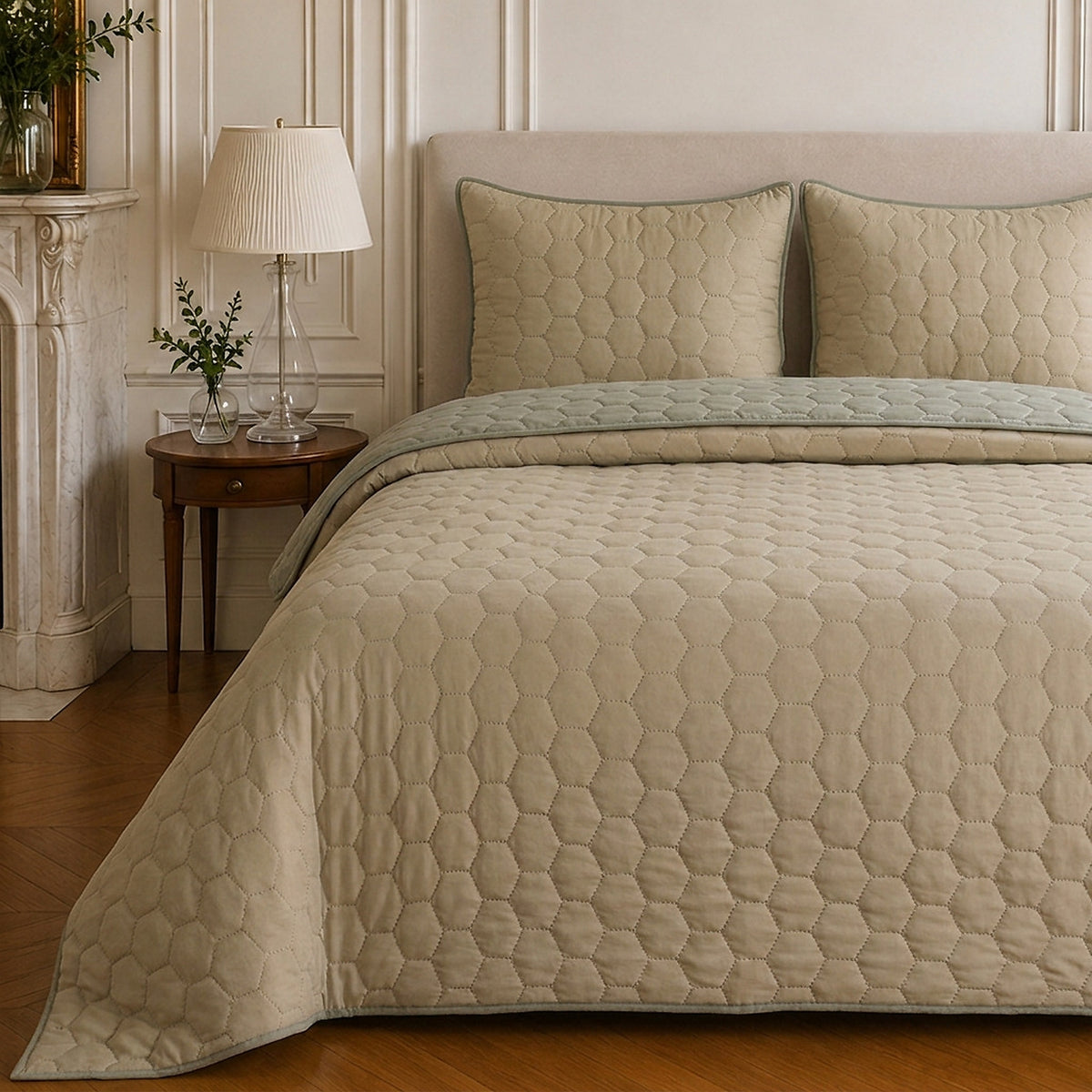 Nazim - Couvre Lit - Dessus de Lit Couvre-lit Matelassé Réversible - Polyester - Beige