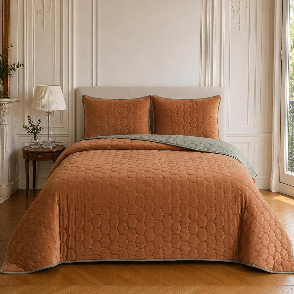 Nazim - Couvre Lit - Dessus de Lit Couvre-lit Matelassé Réversible - Polyester - Terracotta