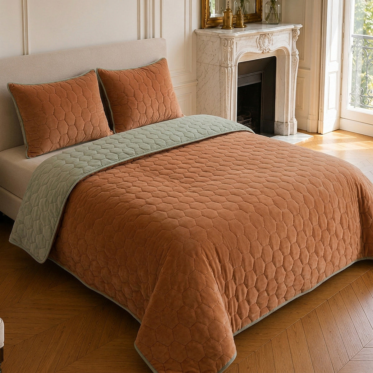 Nazim - Couvre Lit - Dessus de Lit Couvre-lit Matelassé Réversible - Polyester - Terracotta